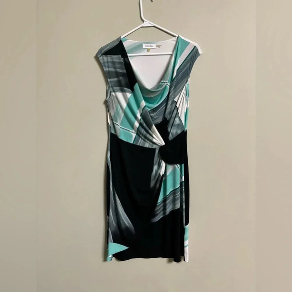 Calvin Klein Sleeveless Green Black Soft Stretch  Faux Wrap Sheath Dress Small - Picture 1 of 6